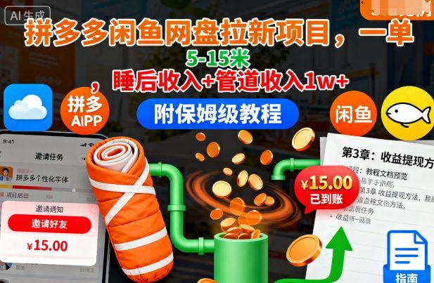 拼多多闲鱼网盘拉新项目，一单5-15米，睡后收入+管道收入1w+(附保姆级教程)-盛科网创