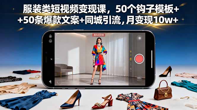 服装类短视频变现课，50个钩子模板+50条爆款文案+同城引流，月变现10w+-盛科网创