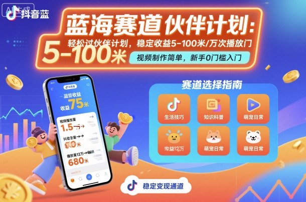 抖音蓝海赛道，轻松过伙伴计划，视频制作简单，万次播放收益在5-100米，稳定收益-盛科网创