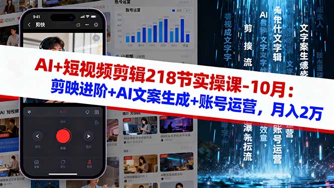 AI+短视频剪辑218节实操课-10月：剪映进阶+AI文案生成+账号运营，月入2万-盛科网创