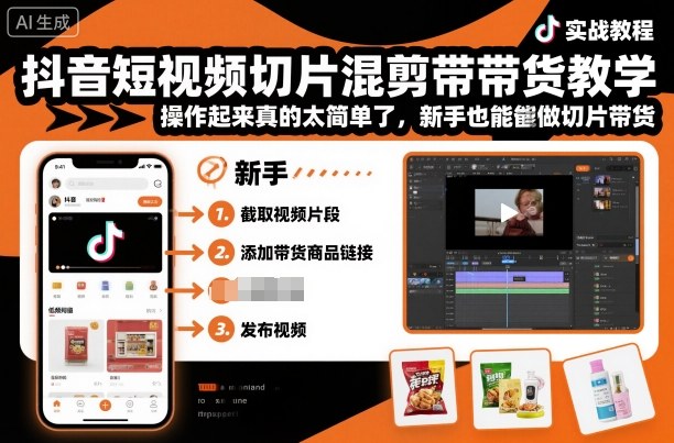 抖音短视频切片混剪带货教学，操作起来真的太简单了，新手也能做切片带货-盛科网创