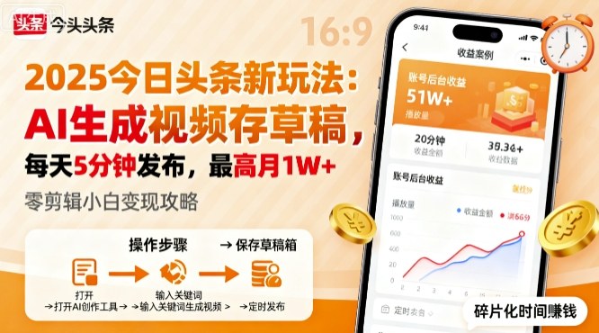 2025年今日头条躺賺新玩法，AI生成视频存草稿，每天5分钟发布，最高月1W+【揭秘】-盛科网创