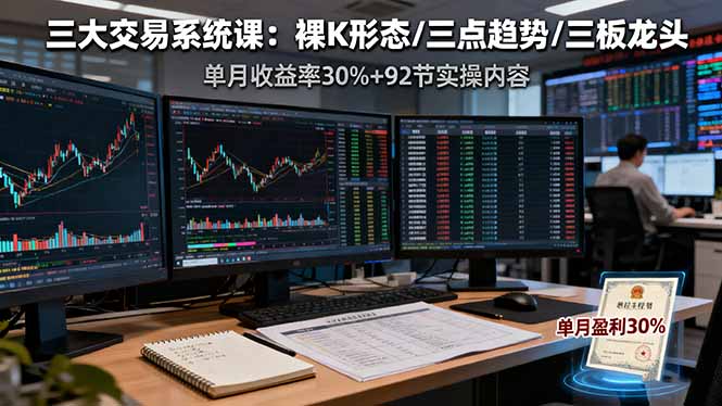 三大交易系统课：裸K形态/三点趋势/三板体系，单月收益率30%+92节实操内容-盛科网创