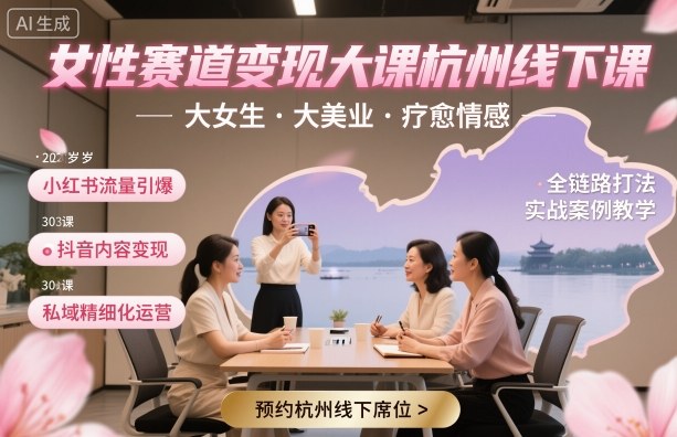 女性赛道变现大课杭州线下，大女生，大美业，疗愈情感，一套小红书、抖音、私域全链路打法-盛科网创