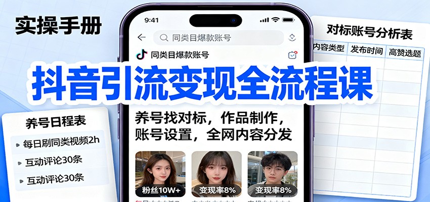 抖音引流变现全流程课：养号找对标，作品制作，账号设置，全网内容分发-盛科网创