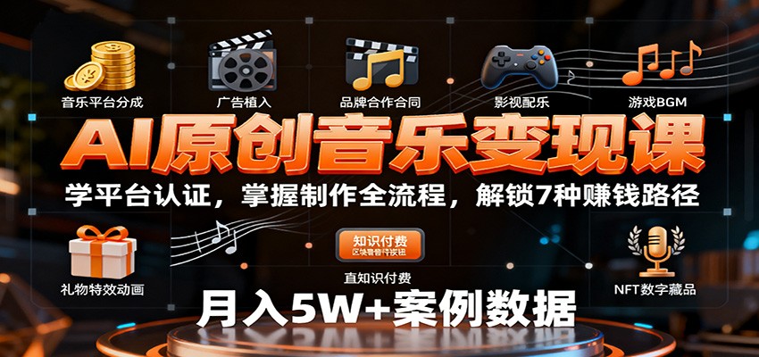 AI原创音乐变现课：学平台认证，掌握制作全流程，解锁7种赚钱路径-盛科网创