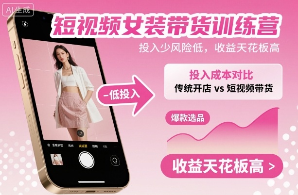 短视频女装带货训练营，投入少风险低，收益天花板高-盛科网创