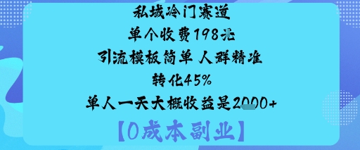 私域冷门赛道:单个收费198米引流模板简单人群精准转化45%单人一天大概收益是1k+-盛科网创