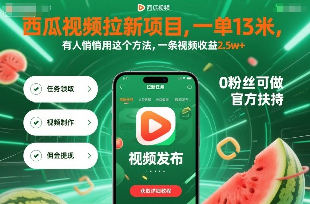 西瓜视频拉新项目，一单13米，有人悄悄用这个方法，一条视频收益2.5w+(附详细教程)-盛科网创
