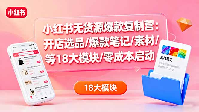 小红书无货源爆款复制营：开店选品/爆款笔记/素材/等18大模块/零成本启动-盛科网创