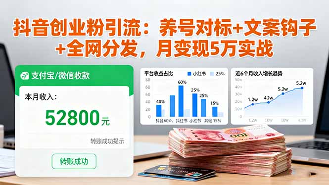 抖音创业粉引流：养号对标+文案钩子+全网分发，月变现5万实战-盛科网创