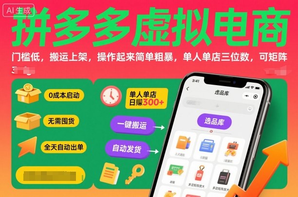 拼多多虚拟电商，门槛低，搬运上架，操作起来简单粗暴，单人单店三位数，可矩阵-盛科网创